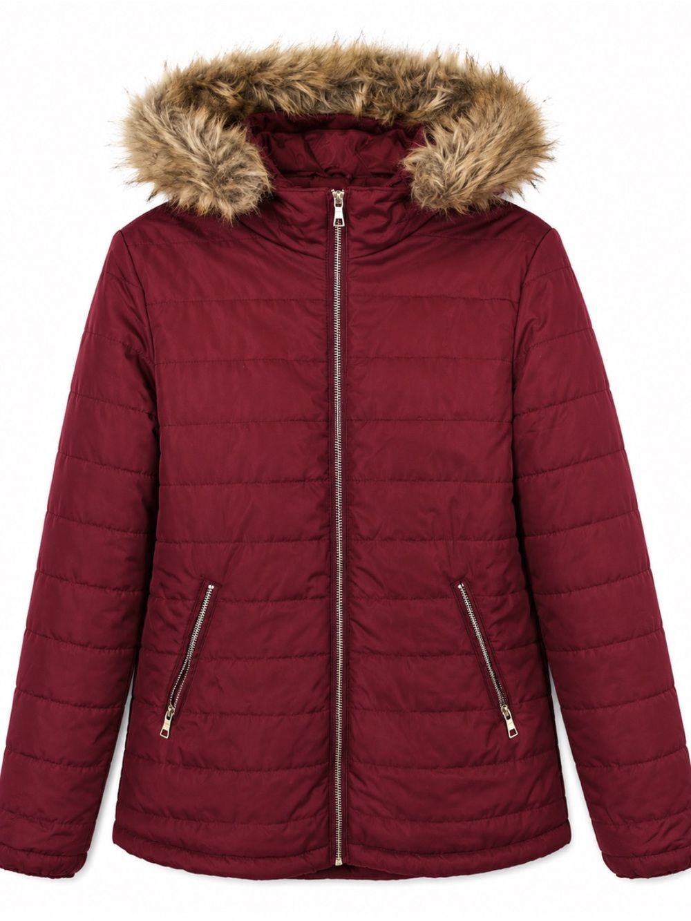 Ambiance Burgundy Puffer Jacket Faux Fur Hood Womens Large Winter Coat
